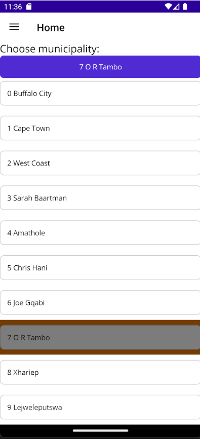 Municipality selection screen